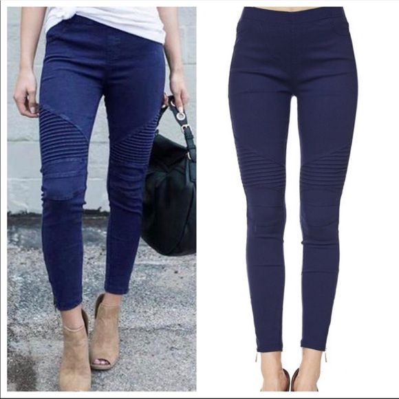 Navy stretch Motto jeggings with zipper trim - Picture 2 of 6